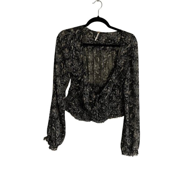 Free People Women M Black Paisley Boho Long Sleeve Smocked Lolita Peasant Top - Picture 2 of 10